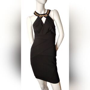 Le Chateau Black Halter Mini Dress with Gold Neck Chain Sx Xsmall Holiday Party